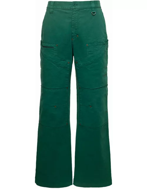Marine Serre Green Wide Leg Jeans With Contrasting Logo Embroidery In Stretch Cotton Denim Woman