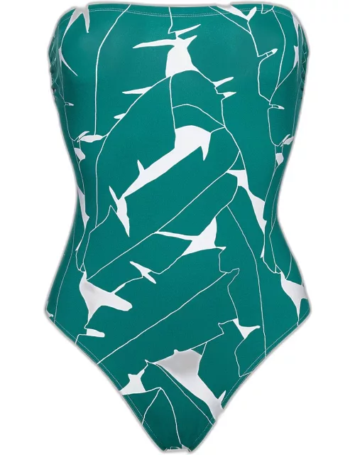 Alligator Palm-Printed One-Piece Strapless Swimsuit