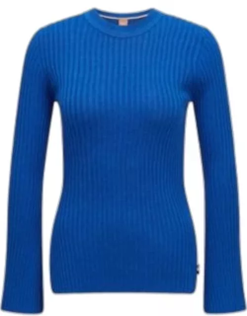 Slim-fit sweater with ribbed structure and side slits- Light Blue Women's Sweater