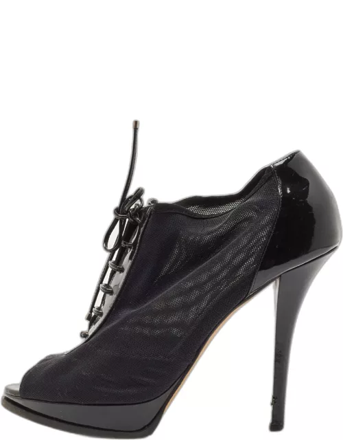 Dior Black Patent Leather and Mesh Peep Toe Lace Up Ankle Bootie