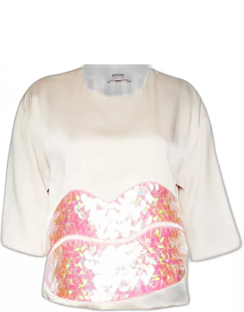 Moschino Cheap and Chic Light Pink Satin Lip Sequin Embellished Top