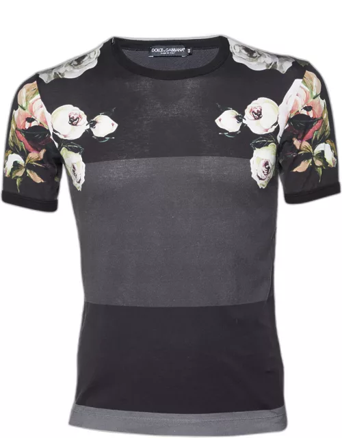 Dolce & Gabbana Grey & Black Striped Floral Printed Cotton Round Neck T-Shirt