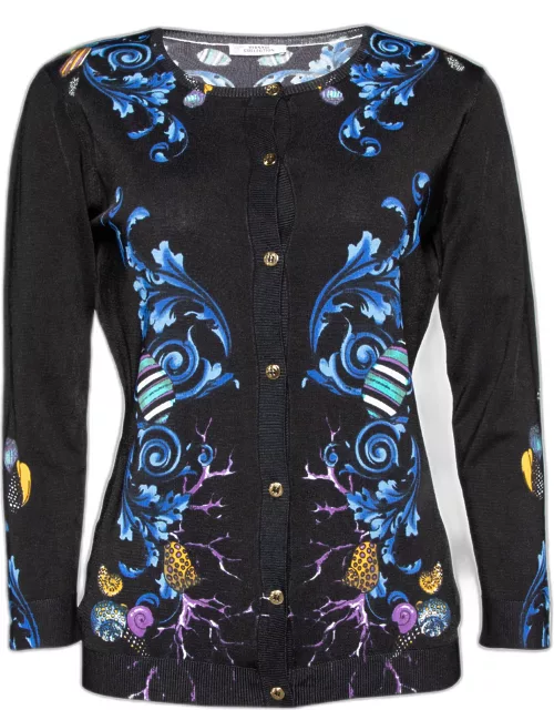 Versace Collection Black Floral Printed Silk Knit Cardigan