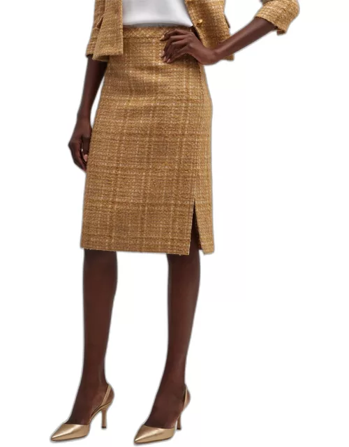 Tonal Soft Check Tweed Side-Slit Midi Skirt