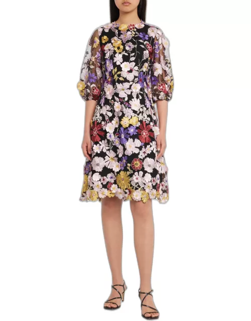 Floral-Embroidered Blouson-Sleeve Midi Dres