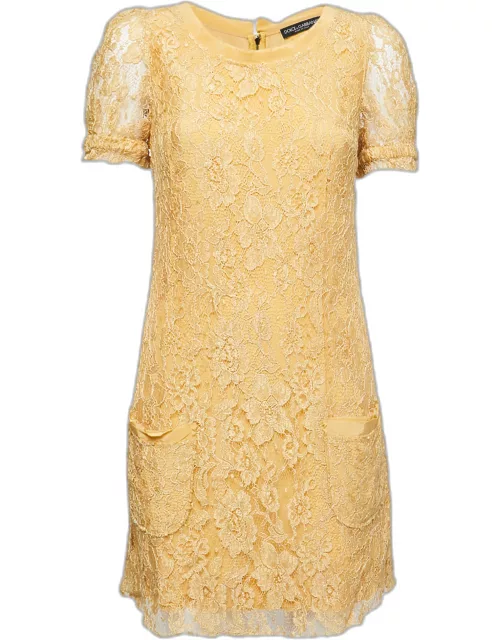 Dolce & Gabbana Yellow Floral Lace Pocket Detail Short Dress
