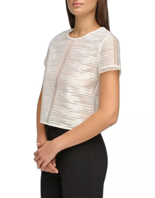 Short-Sleeve Crewneck Knit Lace top
