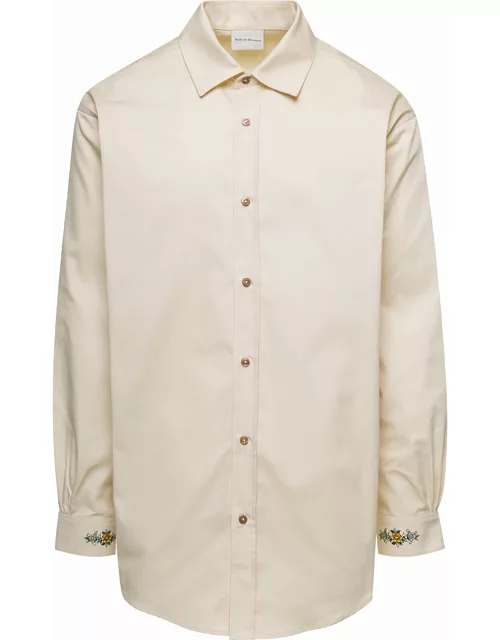 Drôle de Monsieur Beige Shirt With Drôle Fleurie Embroidery On Cuffs And Back In Cotton Man