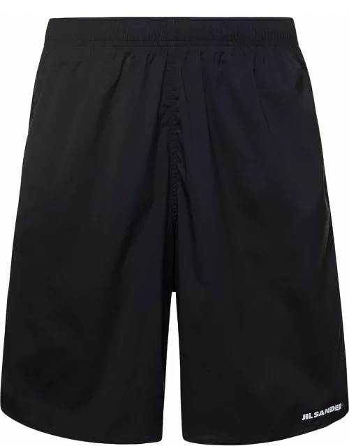 Jil Sander Black Shorts With Elasticated Waist And Logo Print In Stretch Polyamide Man