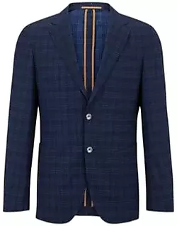 Slim-fit jacket in a checked stretch-wool blend- Dark Blue Men's Sport Coat
