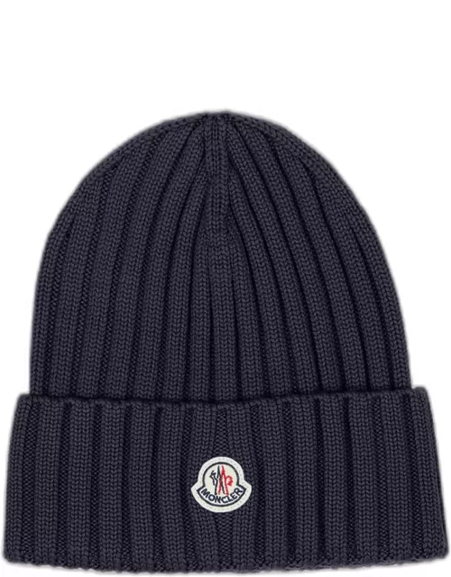Ribbed Wool Beanie with Logo Patch