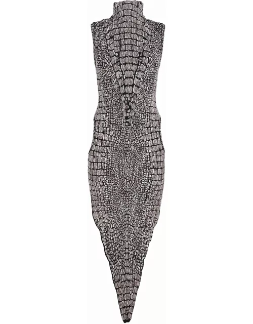 Sleeveless turtleneck dress with crocodile print