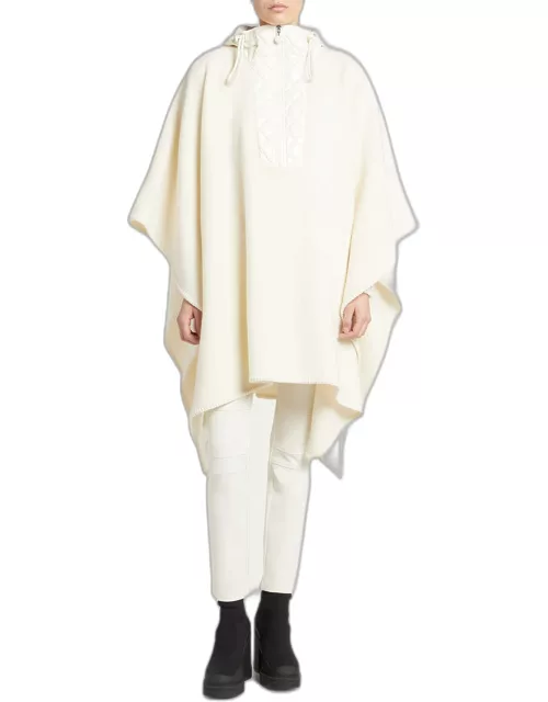 Hooded Long Wool Cape with Quilted Front