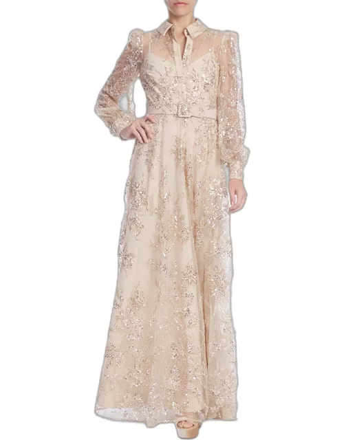 Sequin Embroidered Blouson-Sleeve Shirt Gown