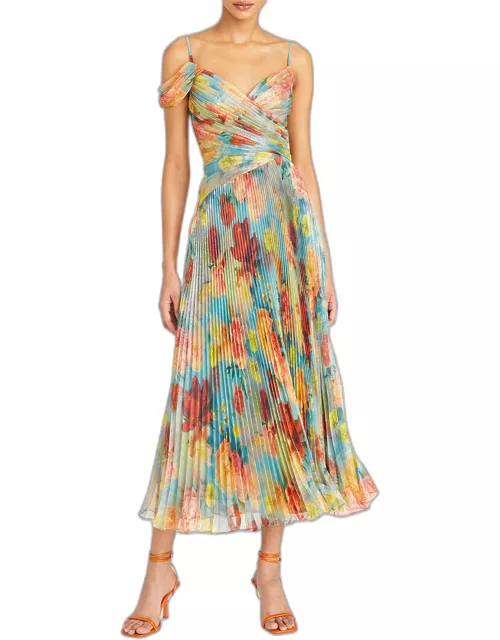 Vienna Pleated Floral-Print Shimmer Midi Dres