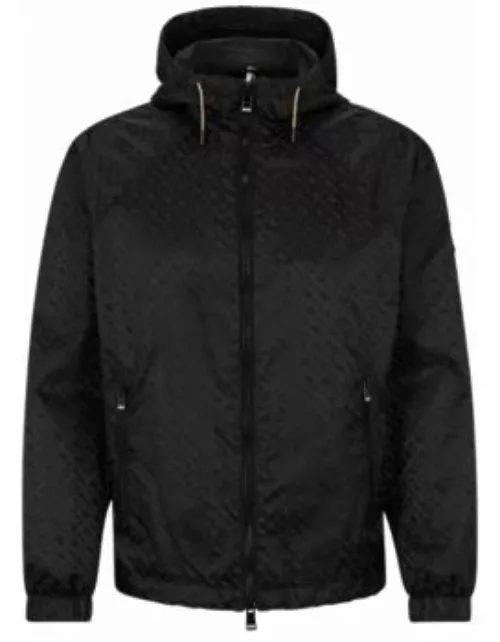 Water-repellent hooded jacket with monogram jacquard- Black Men's Casual Jacket