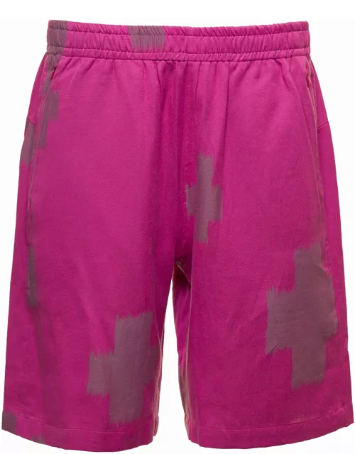 Needles Fuchsia Shorts With All-over Cactus Print In Cotton And Linen Man