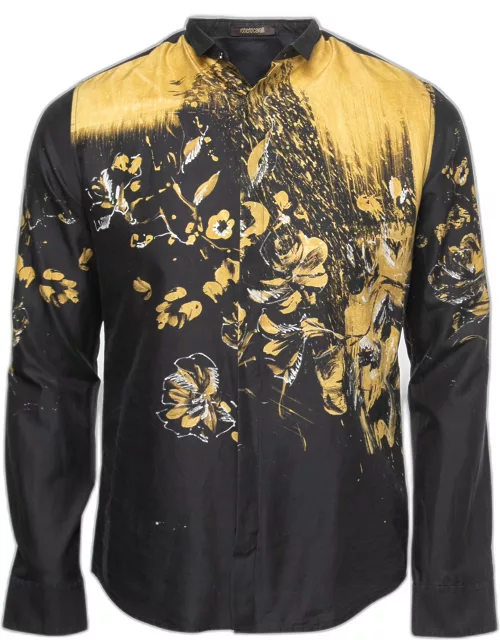 Roberto Cavalli Black Floral Print Cotton & Silk Button Front Shirt