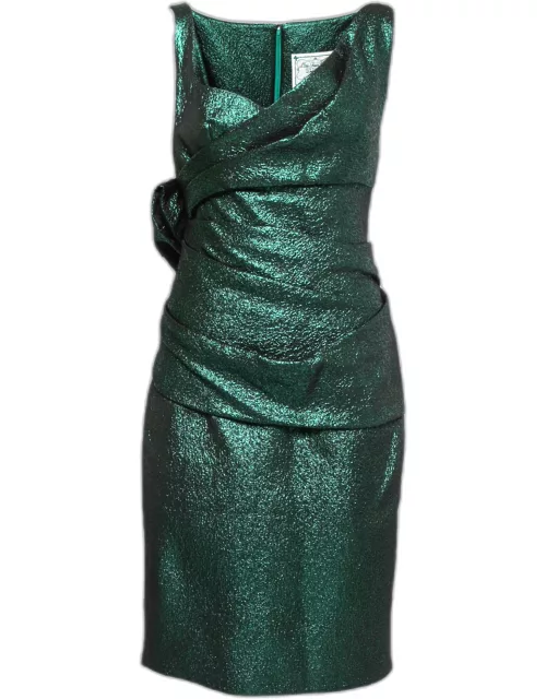 Dsquared2 Metallic Green Lame Fabric Bow Detail Sleeveless Draped Midi Dress
