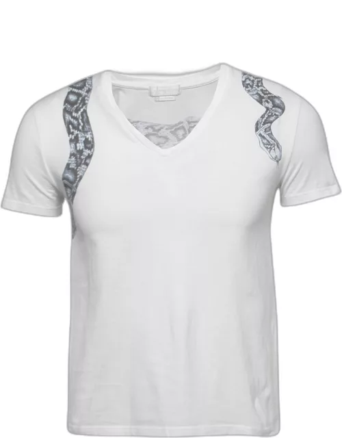 Alexander McQueen White Snake Print Cotton V-Neck T-Shirt