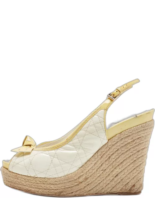 Dior White/Yellow Cannage Patent Leather Espadrille Wedge Slingback Sandal