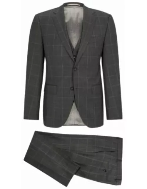 Three-piece regular-fit suit in checked virgin wool- Silver Men's Business Suit