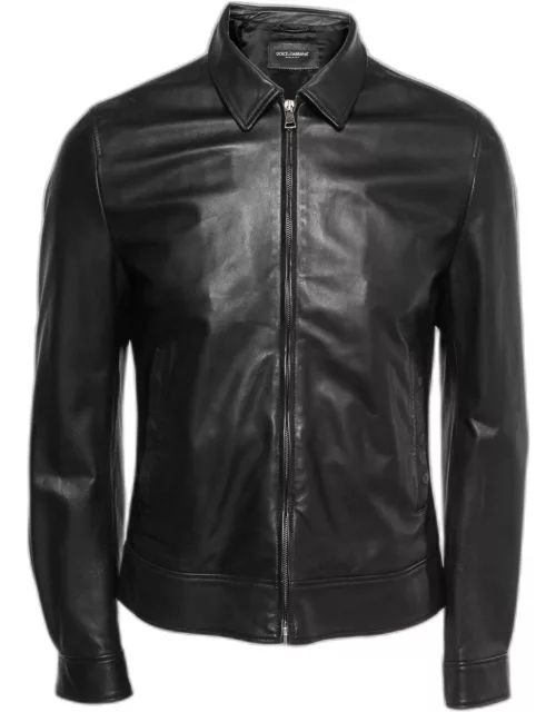 Dolce & Gabbana Black Lambskin Leather Zip Front Jacket