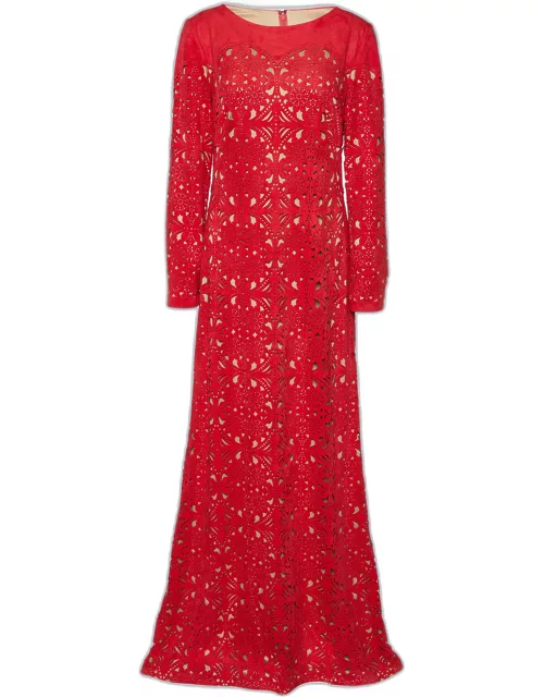 Tadashi Shoji Red Cutwork Detail Faux Suede Maxi Dress