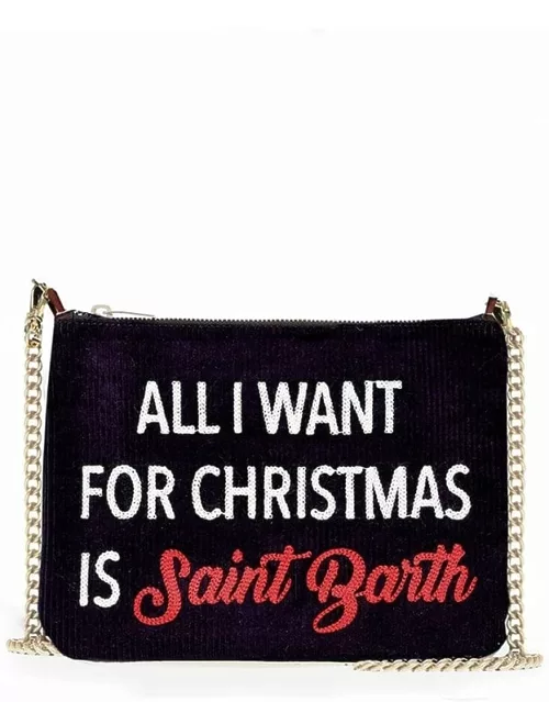 MC2 Saint Barth Parisienne Velvet Cross-body Bag Pochette With All I Want For Christmas Is Saint Barth Embroidery
