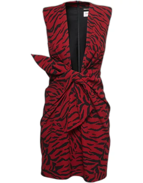 Saint Laurent Red Tiger Striped Crepe Plunge Neck Midi Dress