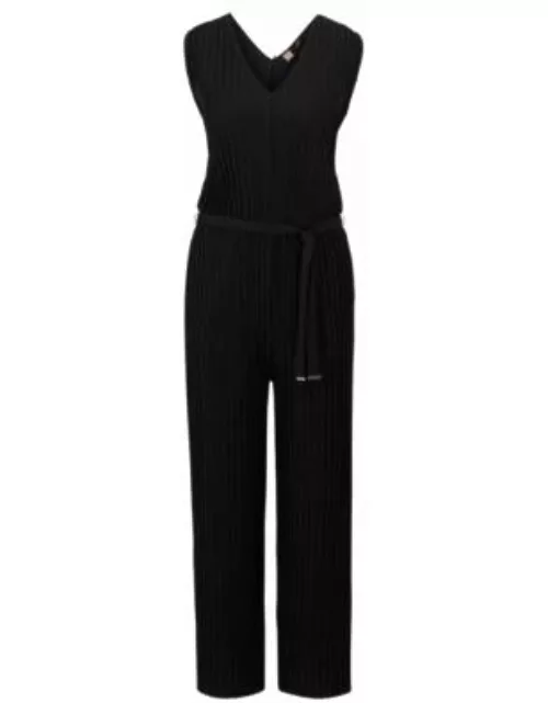 Sleeveless V-neck jumpsuit with pliss pleats- Black Women's Jersey Dresse