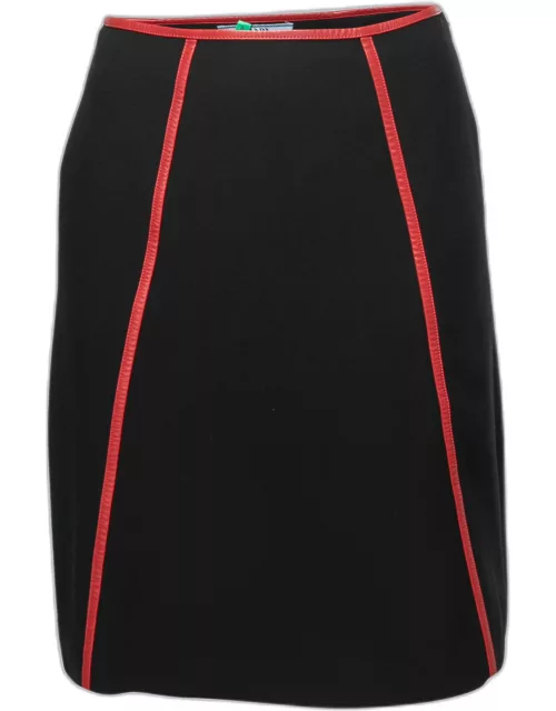 Prada Black Crepe Leather Trimmed Knee Length Skirt