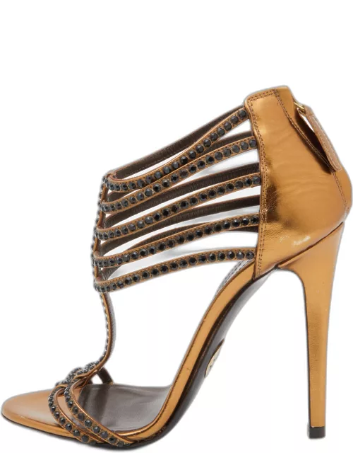 Roberto Cavalli Gold Leather Ankle Strap Sandal