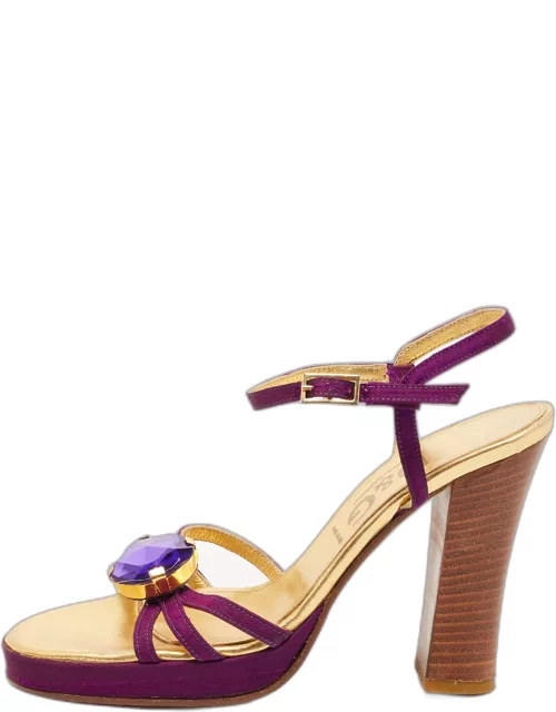 D & G Purple /Gold Leather Crystal Embellished Ankle Strap Block Heel Sandal