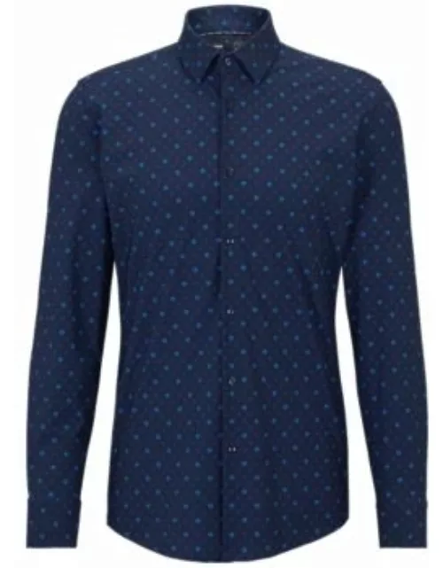 Slim-fit shirt in printed performance-stretch fabric- Blue Men's Shirt