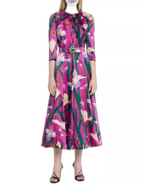 Floral-Print Gathered Belted Midi Dres