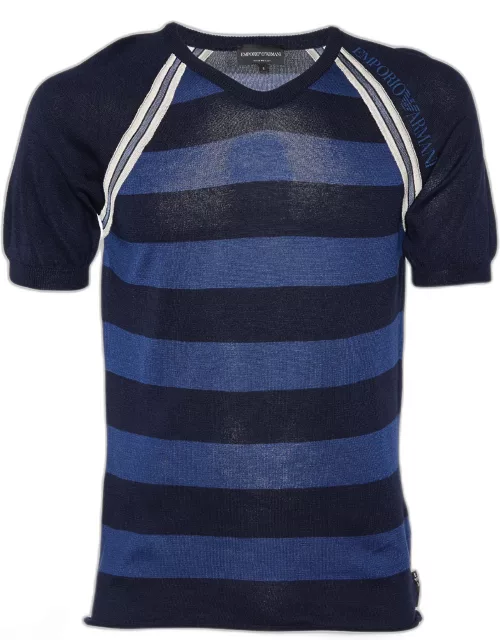 Emporio Armani Navy Blue Striped V-Neck Sweater