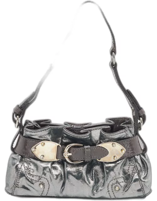 Aigner Metallic Grey Shimmering Patent and Leather Baguette Bag