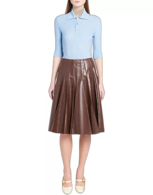Smooth Nappa Leather Plisse Midi Skirt