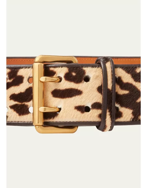 Double-Prong Leopard Print Leather Belt