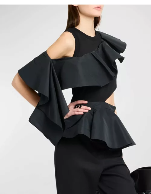 Cut And Sew Peplum Top with Off-Shoulder Ruffle Detai