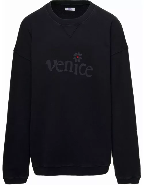 ERL Blsck Crewneck Sweatshirt With Venice Print In Cotton