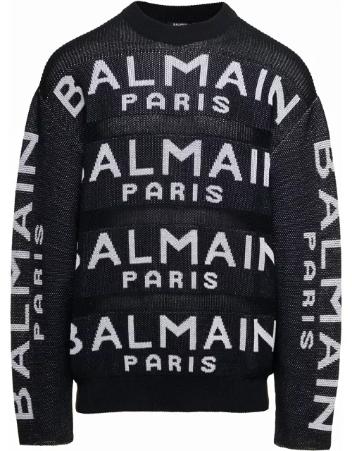 Balmain Black Long Sleeve Sweater With Intarsia Logo In Cotton Blend Man