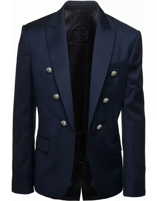 Balmain Blue Single-breasted Open Jacket With Branded Buttons In Wool Man