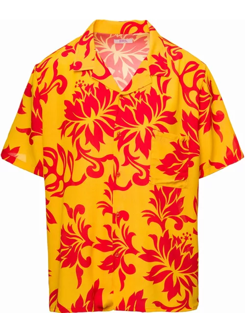 ERL Orange Bowling Shirt With Tropical Flowers Print In Viscose