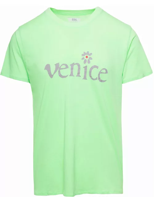 ERL Green Crewneck T-shirt With Venice Print In Cotton