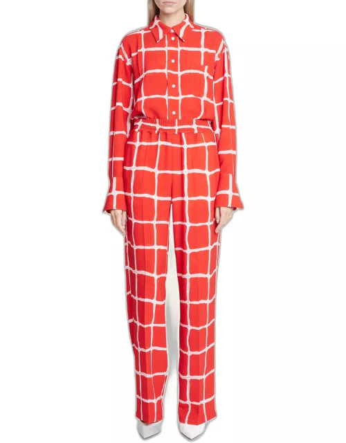 Grid-Print Wide Pajama Pant