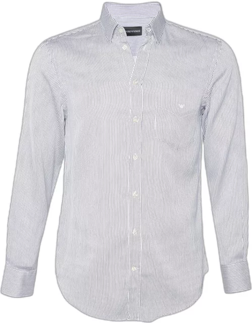 Emporio Armani White & Blue Striped Cotton Button Front Shirt