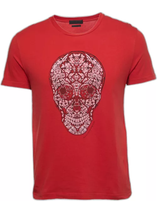 Alexander McQueen Red Ornamental Skull Print Cotton T-Shirt
