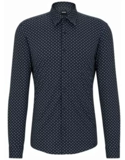 Slim-fit shirt in patterned performance-stretch fabric- Dark Blue Men's Casual Shirt
